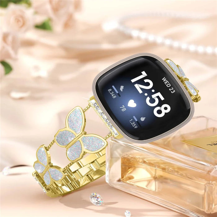 Watch Band for Fitbit Versa 4 / Versa 3 / Sense 2 , Butterfly Rhinestone Decor Electroplated Alloy Strap - Gold / Glitter Shell - 6