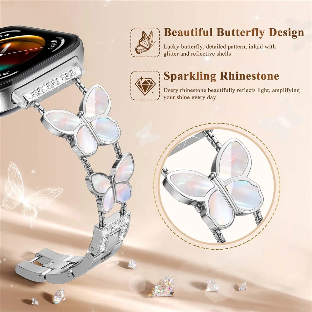 Watch Band for Huawei Watch Fit 5 / Fit 4 / Fit 4 Pro / Fit 3 , Butterfly Rhinestone Decor Metal Chain Wrist Strap - Silver - 5
