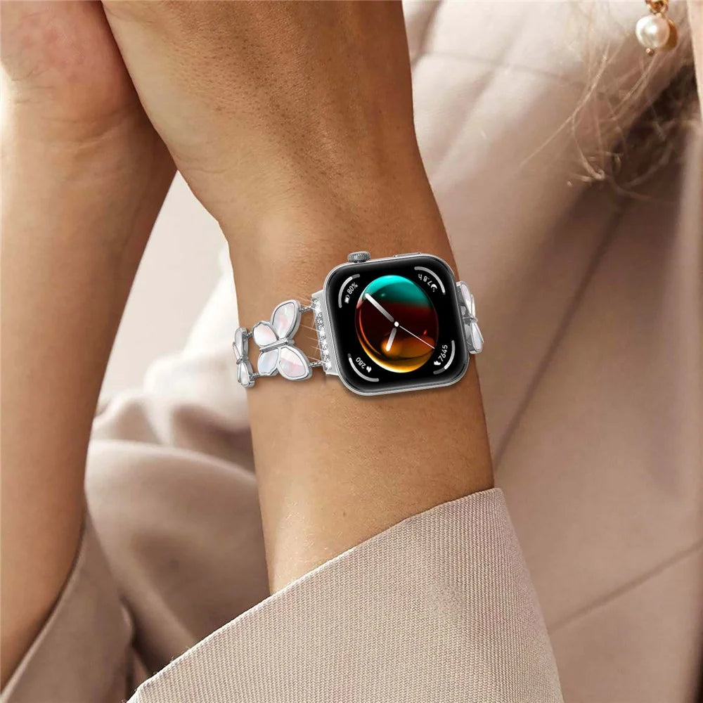 Watch Band for Huawei Watch Fit 5 / Fit 4 / Fit 4 Pro / Fit 3 , Butterfly Rhinestone Decor Metal Chain Wrist Strap - Silver - 7
