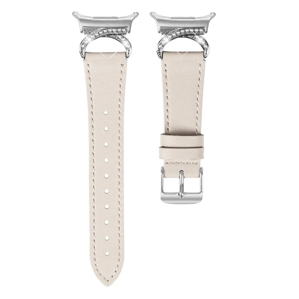 For Samsung Galaxy Watch Ultra2 47mm / Watch Ultra (2025) 47mm / Watch Ultra 47mm Genuine Cow Leather Strap with Silver Buckle Rhinestone Connector Band - Apricot - 1