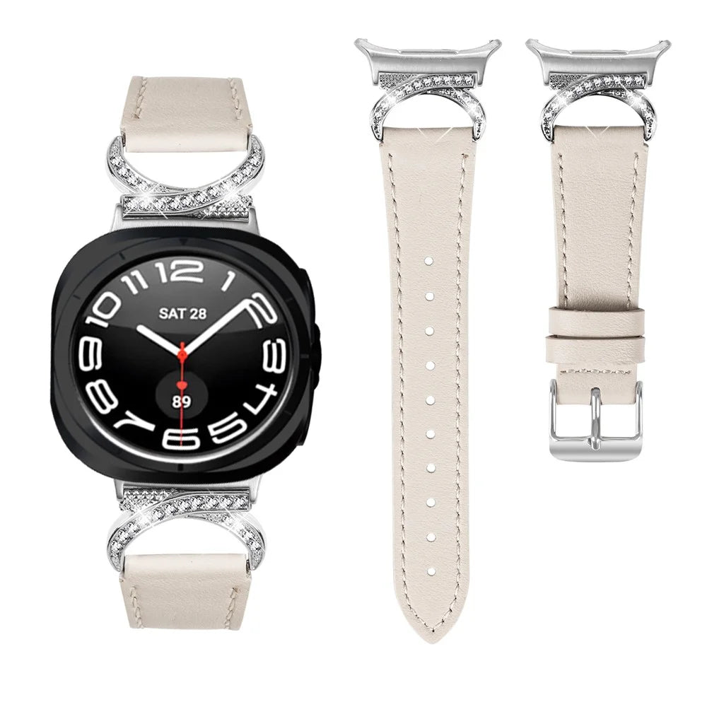 For Samsung Galaxy Watch Ultra2 47mm / Watch Ultra (2025) 47mm / Watch Ultra 47mm Genuine Cow Leather Strap with Silver Buckle Rhinestone Connector Band - Apricot - 2