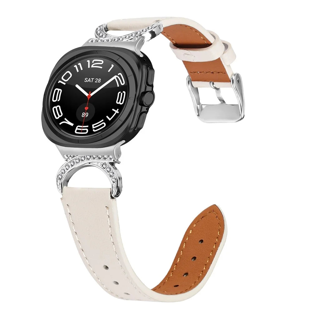 For Samsung Galaxy Watch Ultra2 47mm / Watch Ultra (2025) 47mm / Watch Ultra 47mm Genuine Cow Leather Strap with Silver Buckle Rhinestone Connector Band - Apricot - 3