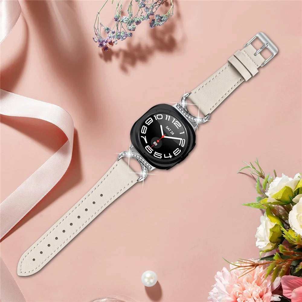 For Samsung Galaxy Watch Ultra2 47mm / Watch Ultra (2025) 47mm / Watch Ultra 47mm Genuine Cow Leather Strap with Silver Buckle Rhinestone Connector Band - Apricot - 6