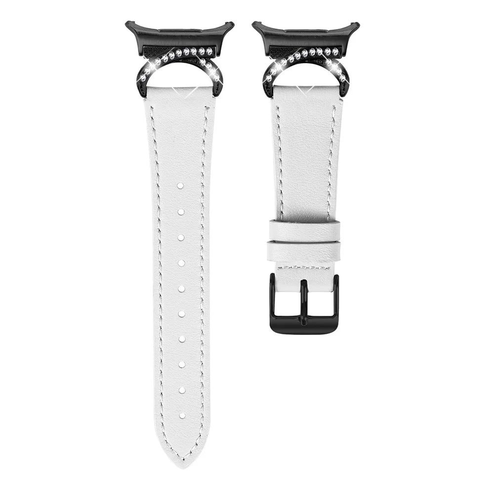 For Samsung Galaxy Watch Ultra2 47mm / Watch Ultra (2025) 47mm / Watch Ultra 47mm Genuine Cow Leather Strap with Black Buckle Rhinestone Connector Watch Band - White - 1