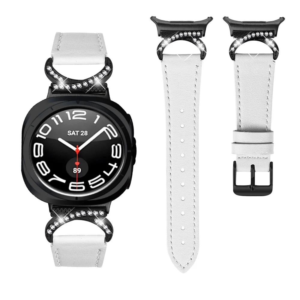 For Samsung Galaxy Watch Ultra2 47mm / Watch Ultra (2025) 47mm / Watch Ultra 47mm Genuine Cow Leather Strap with Black Buckle Rhinestone Connector Watch Band - White - 2