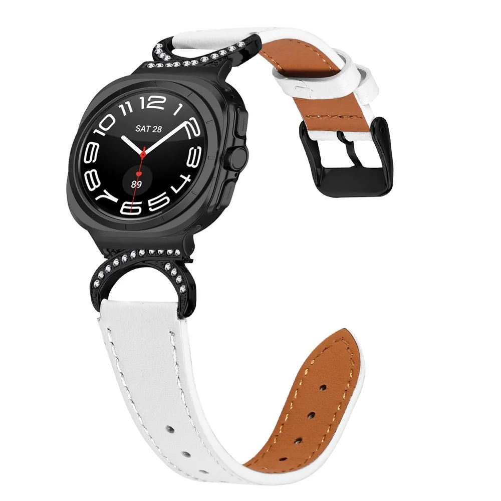 For Samsung Galaxy Watch Ultra2 47mm / Watch Ultra (2025) 47mm / Watch Ultra 47mm Genuine Cow Leather Strap with Black Buckle Rhinestone Connector Watch Band - White - 3