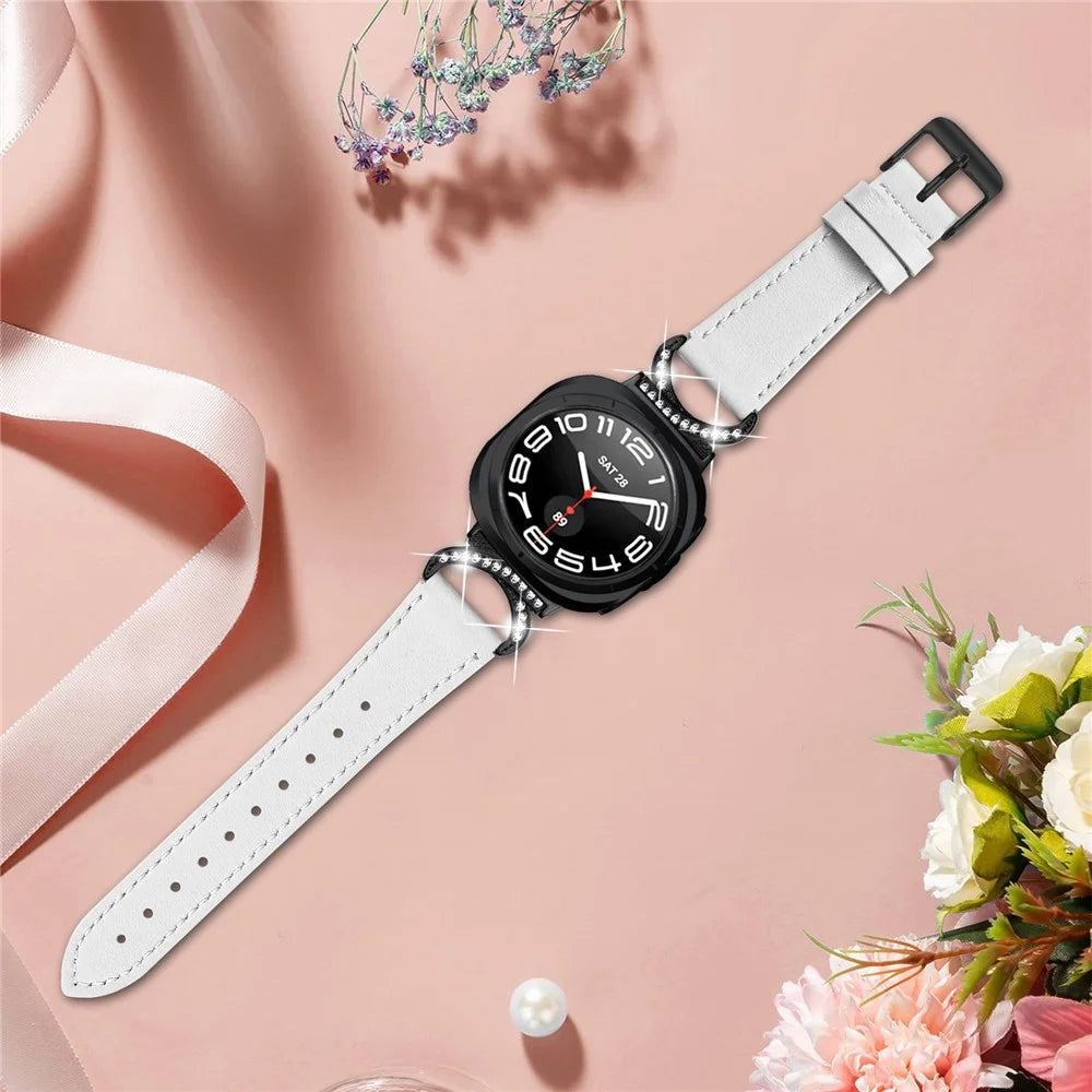 For Samsung Galaxy Watch Ultra2 47mm / Watch Ultra (2025) 47mm / Watch Ultra 47mm Genuine Cow Leather Strap with Black Buckle Rhinestone Connector Watch Band - White - 6