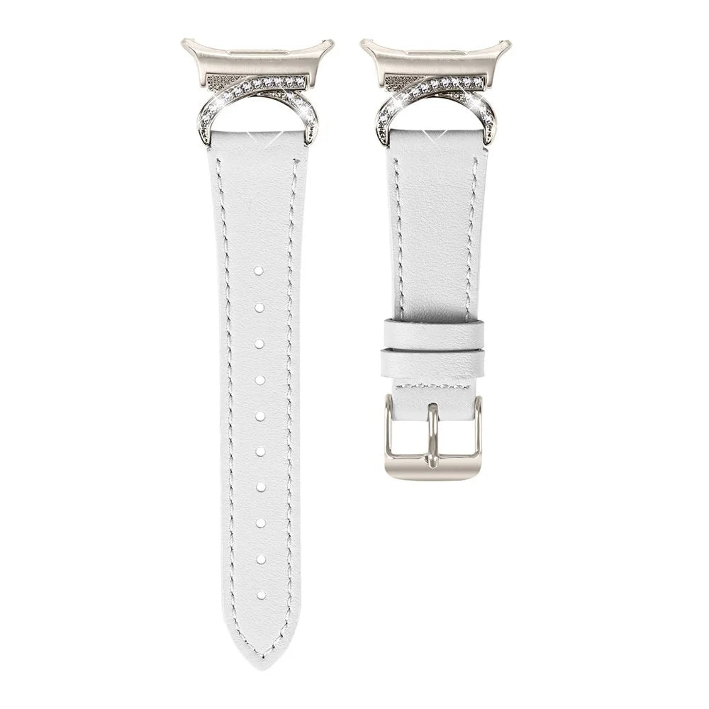 For Samsung Galaxy Watch Ultra2 47mm / Watch Ultra (2025) 47mm / Watch Ultra 47mm Genuine Cow Leather Strap with Starlight Buckle Rhinestone Connector Watch Band - White - 1