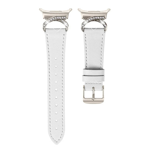 For Samsung Galaxy Watch Ultra2 47mm / Watch Ultra (2025) 47mm / Watch Ultra 47mm Genuine Cow Leather Strap with Starlight Buckle Rhinestone Connector Watch Band - White - 1