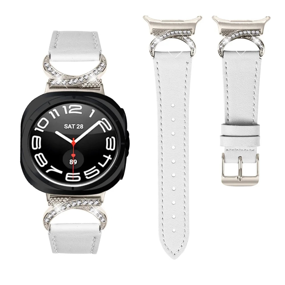 For Samsung Galaxy Watch Ultra2 47mm / Watch Ultra (2025) 47mm / Watch Ultra 47mm Genuine Cow Leather Strap with Starlight Buckle Rhinestone Connector Watch Band - White - 2