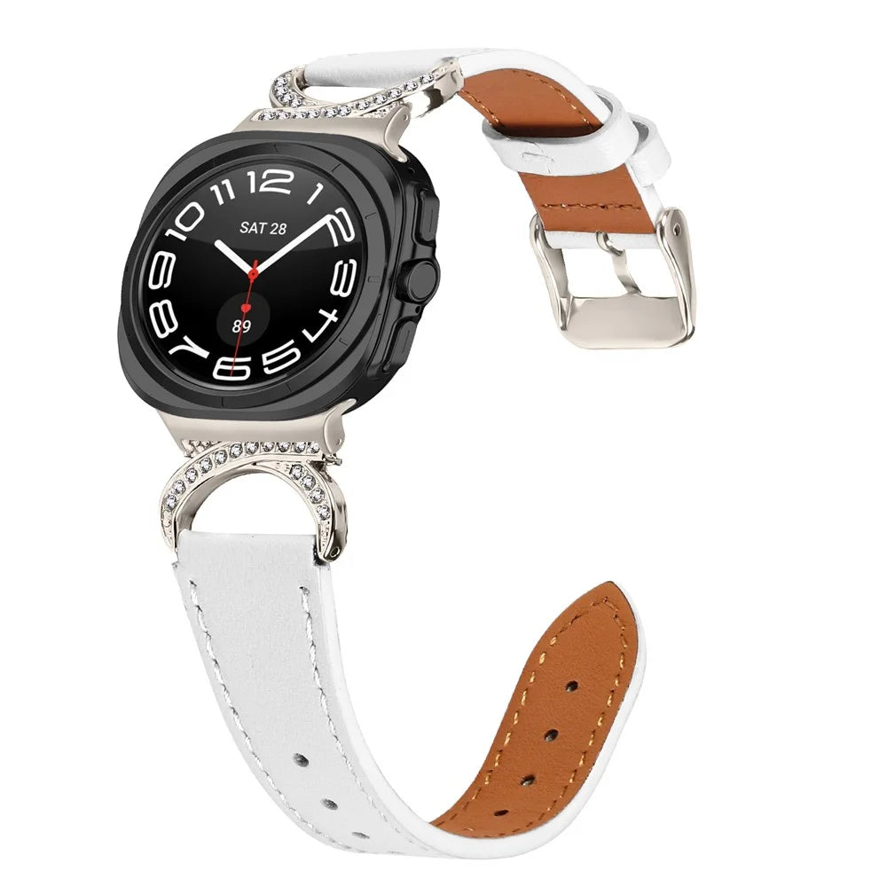 For Samsung Galaxy Watch Ultra2 47mm / Watch Ultra (2025) 47mm / Watch Ultra 47mm Genuine Cow Leather Strap with Starlight Buckle Rhinestone Connector Watch Band - White - 3