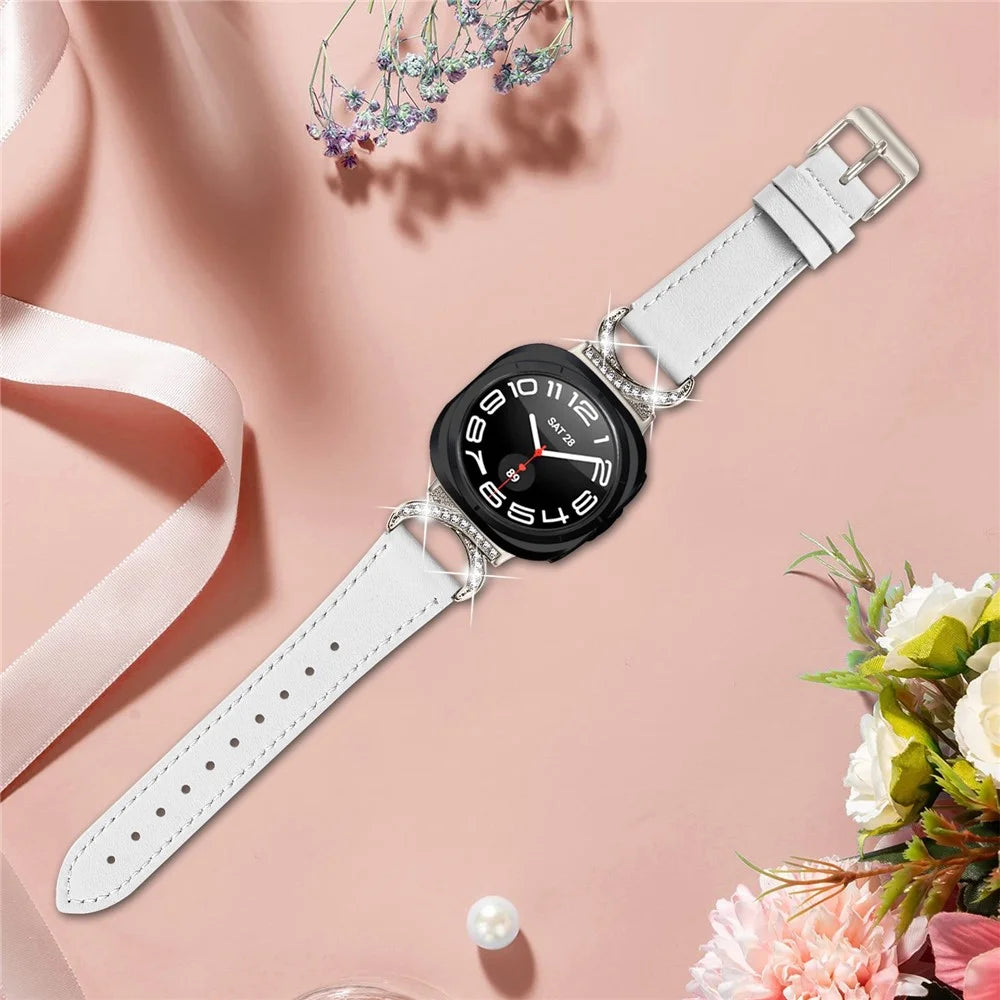 For Samsung Galaxy Watch Ultra2 47mm / Watch Ultra (2025) 47mm / Watch Ultra 47mm Genuine Cow Leather Strap with Starlight Buckle Rhinestone Connector Watch Band - White - 6