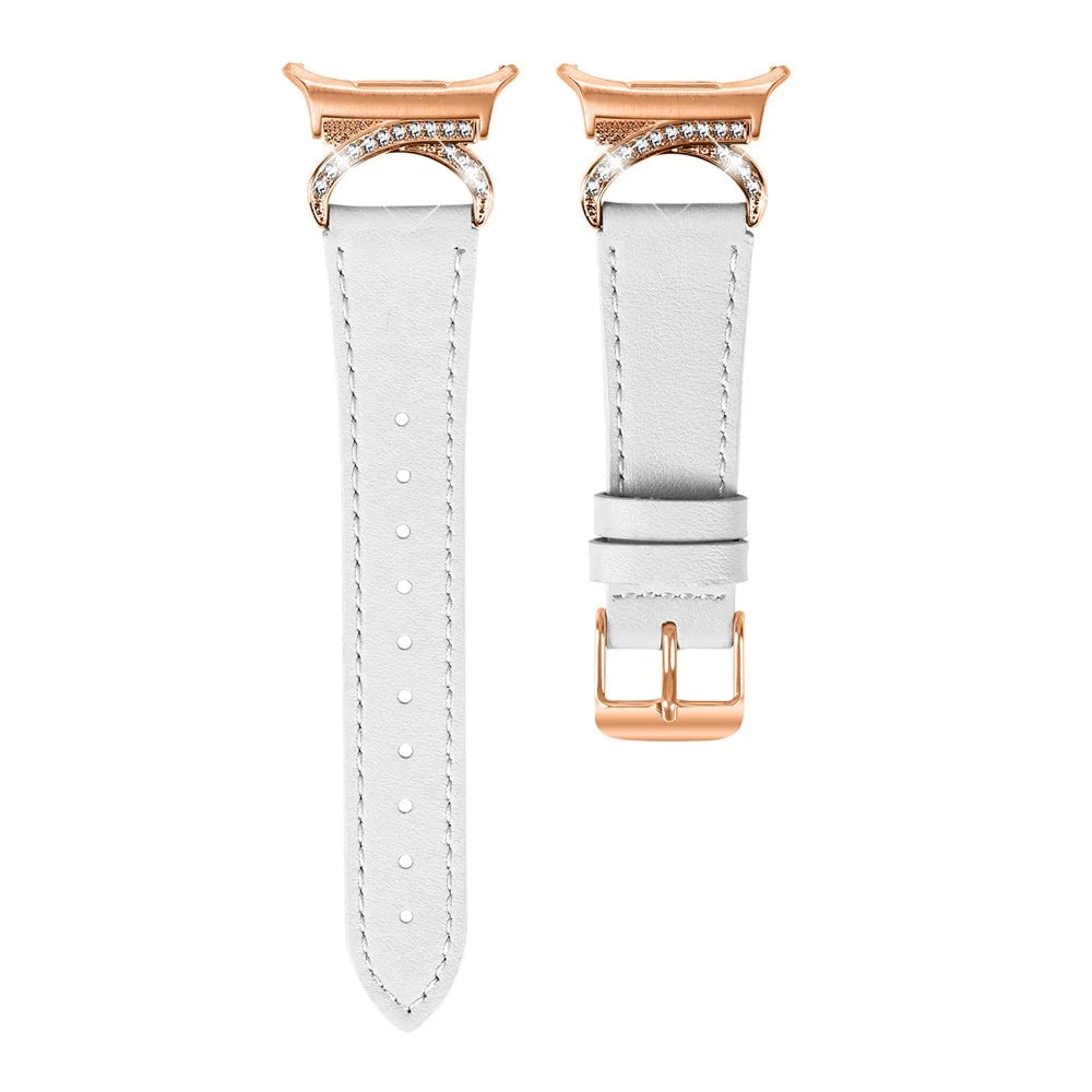 For Samsung Galaxy Watch Ultra2 47mm / Watch Ultra (2025) 47mm / Watch Ultra 47mm Strap with Rose Gold Buckle Rhinestone Connector Genuine Cow Leather Watch Band - White - 1