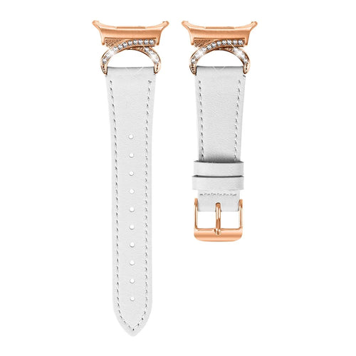 For Samsung Galaxy Watch Ultra2 47mm / Watch Ultra (2025) 47mm / Watch Ultra 47mm Strap with Rose Gold Buckle Rhinestone Connector Genuine Cow Leather Watch Band - White - 1