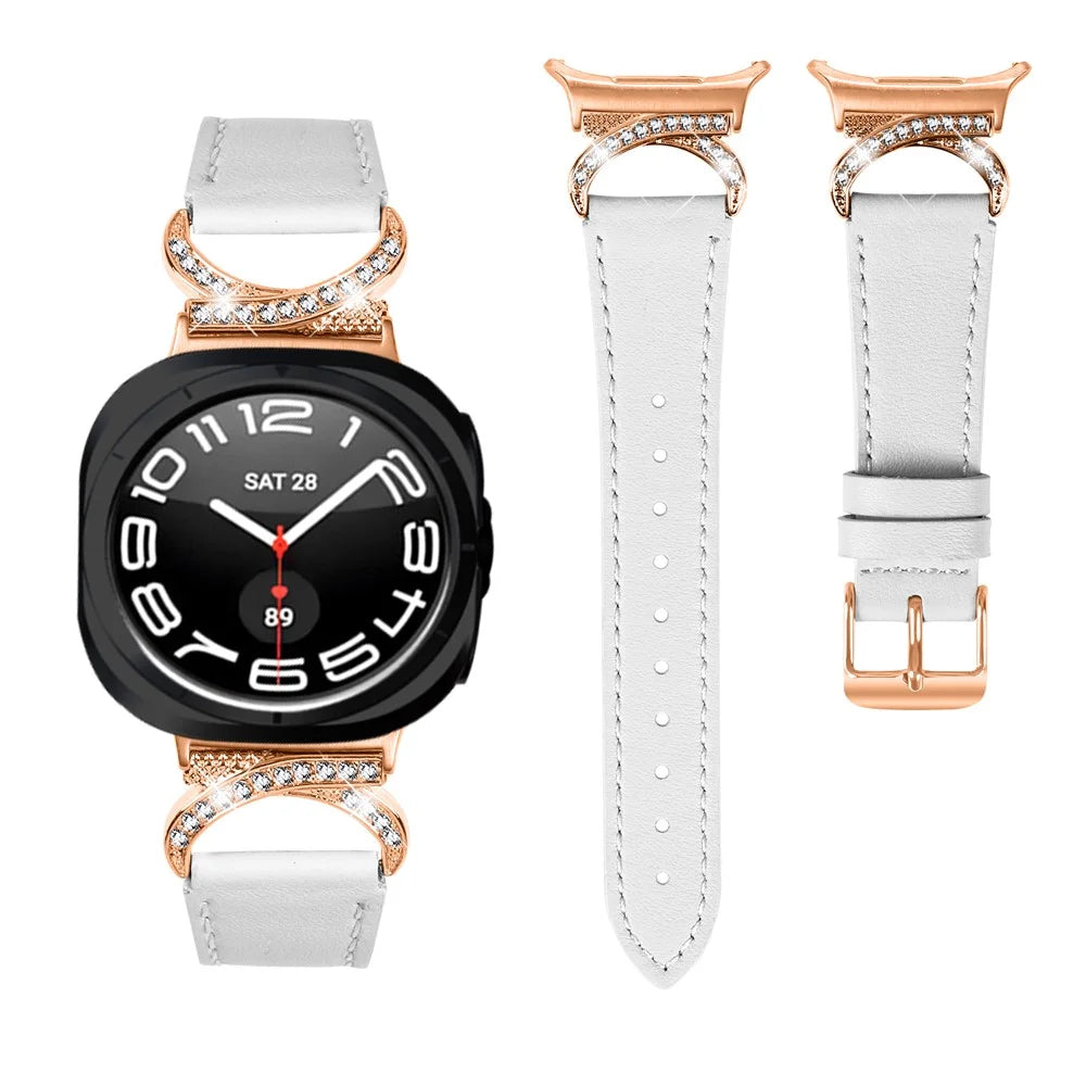For Samsung Galaxy Watch Ultra2 47mm / Watch Ultra (2025) 47mm / Watch Ultra 47mm Strap with Rose Gold Buckle Rhinestone Connector Genuine Cow Leather Watch Band - White - 2