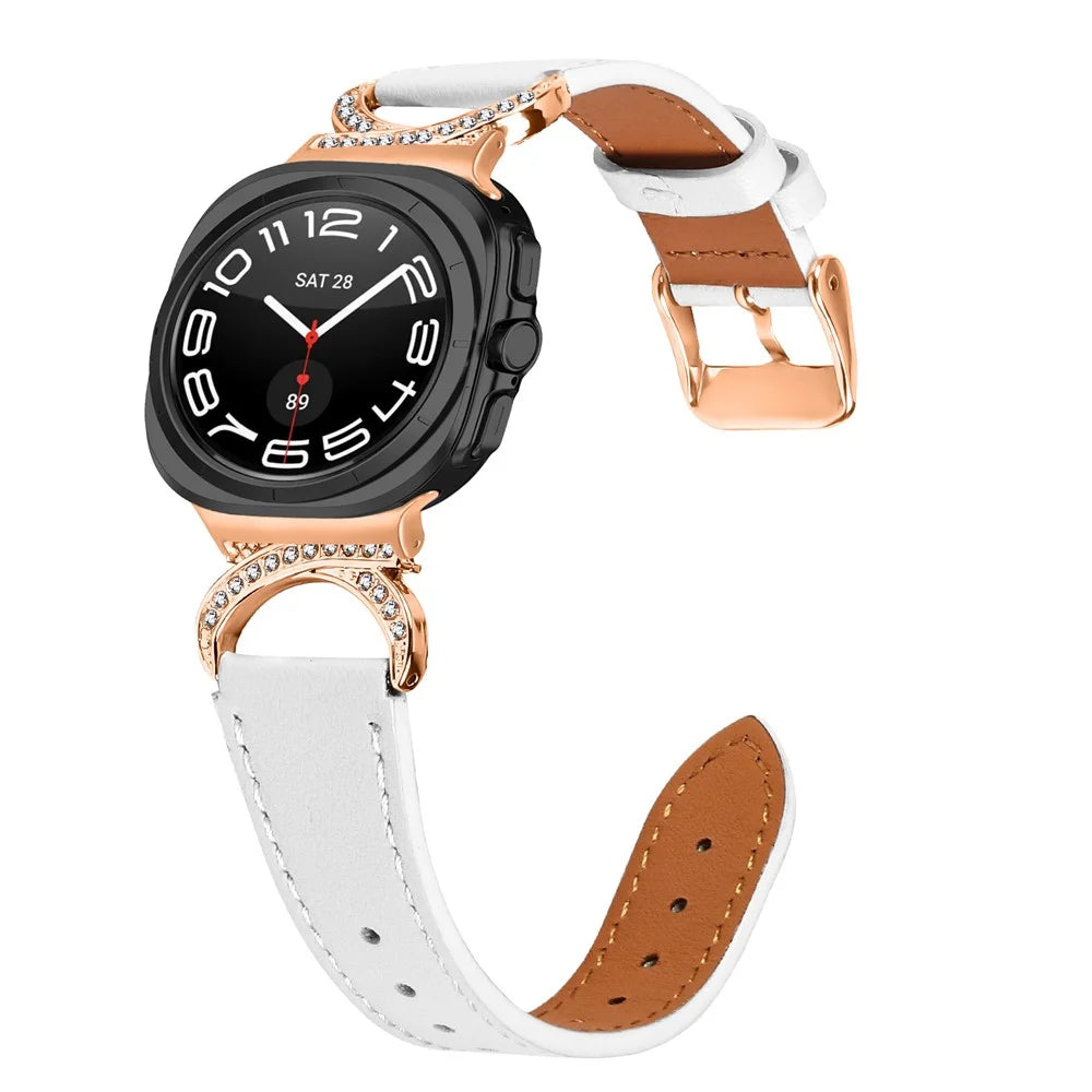 For Samsung Galaxy Watch Ultra2 47mm / Watch Ultra (2025) 47mm / Watch Ultra 47mm Strap with Rose Gold Buckle Rhinestone Connector Genuine Cow Leather Watch Band - White - 3