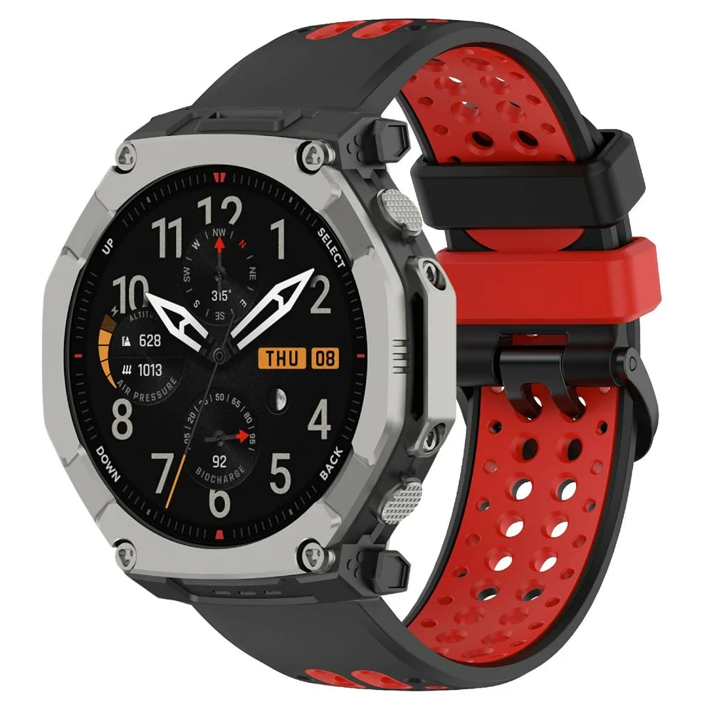 For Huami Amazfit T-Rex Ultra 2 Watch Strap Dual Color Silicone Band Breathable Sport Wristband - Black+Red - 3