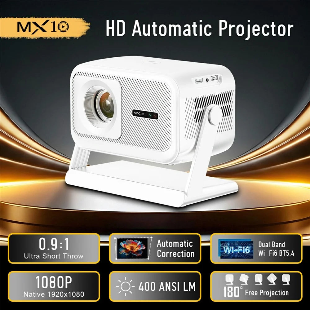 MX10 Mini Projector 4K 1080P 400 ANSI Lumens Bluetooth-compatible WiFi 6 Electric Auto Focus Portable Projector for Home Theater - White  /  EU Plug - 3