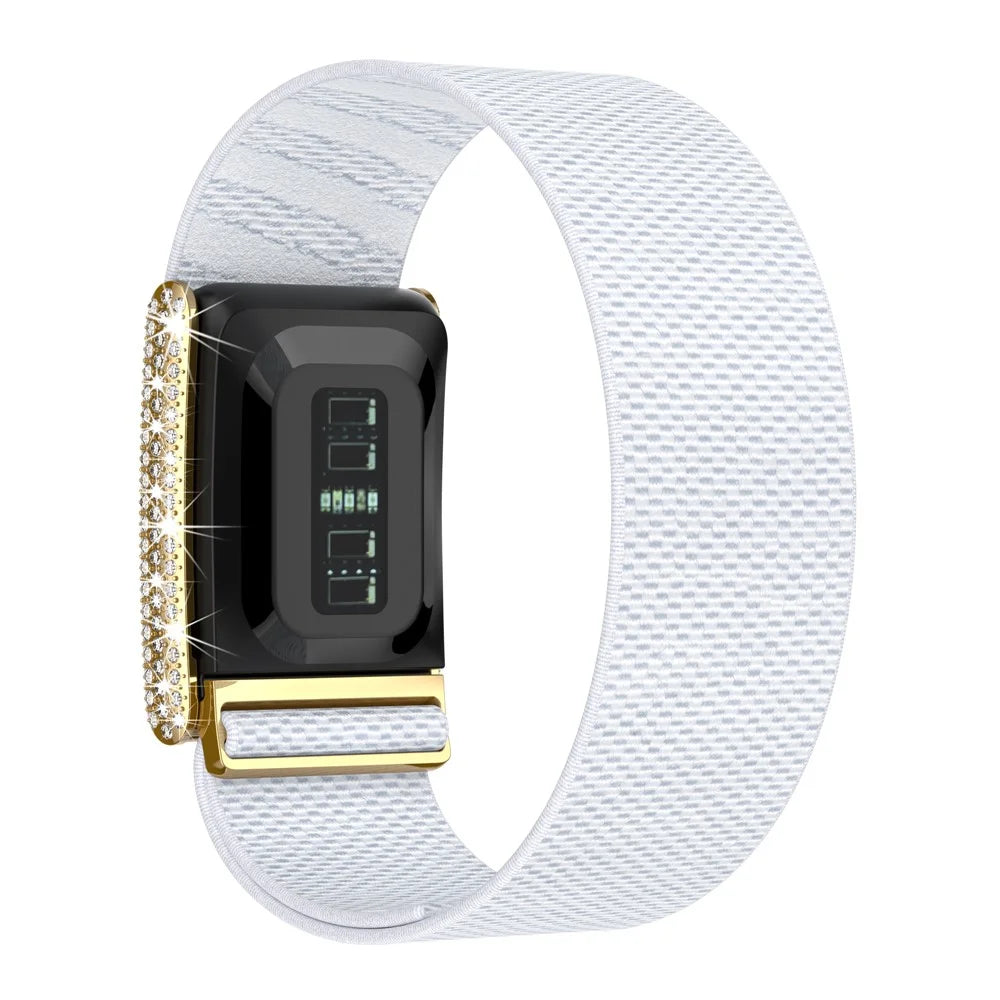 Watch Strap for WHOOP 5.0 / 5.0 Peak / 5.0 One , Elastic Nylon Woven Rhinestones Decor Wristband - White - 2