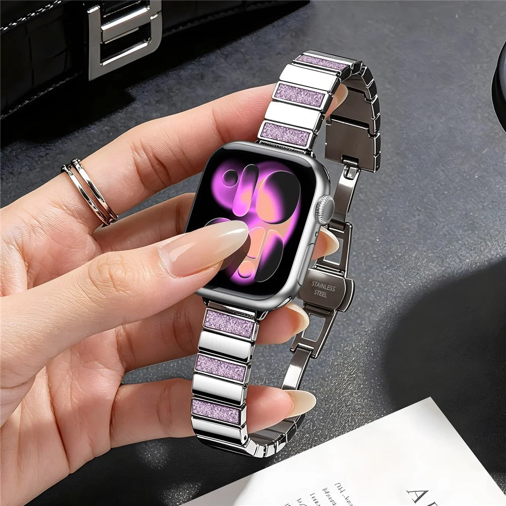 Stainless Steel Strap for Apple Watch Series 11 10 42mm  /  9 8 7 41mm  /  SE3 SE2 SE 6 5 4 40mm  /  3 2 1 38mm Magnetic Folding Buckle Glitter Metal Band - Glitter Pink - 5