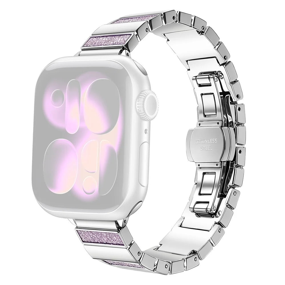 Stainless Steel Strap for Apple Watch Ultra 3 2 1 49mm  /  Series 11 10 46mm  /  9 8 7 45mm  /  SE3 SE2 SE 6 5 4 44mm  /  3 2 1 42mm Magnetic Folding Buckle Glitter Metal Band - Glitter Pink - 1