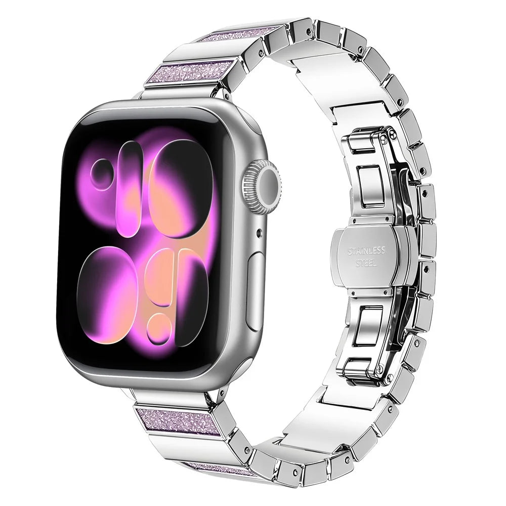 Stainless Steel Strap for Apple Watch Ultra 3 2 1 49mm  /  Series 11 10 46mm  /  9 8 7 45mm  /  SE3 SE2 SE 6 5 4 44mm  /  3 2 1 42mm Magnetic Folding Buckle Glitter Metal Band - Glitter Pink - 2