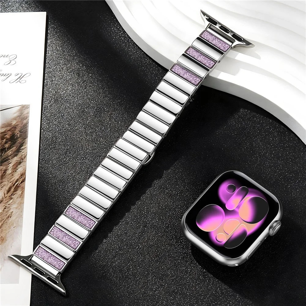Stainless Steel Strap for Apple Watch Ultra 3 2 1 49mm  /  Series 11 10 46mm  /  9 8 7 45mm  /  SE3 SE2 SE 6 5 4 44mm  /  3 2 1 42mm Magnetic Folding Buckle Glitter Metal Band - Glitter Pink - 6