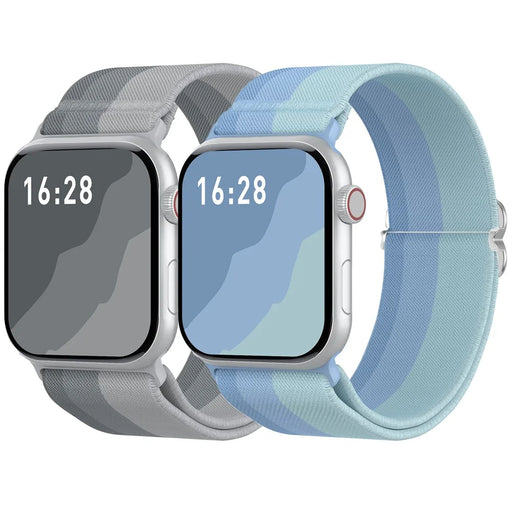 AHASTYLE WE26 2Pcs Sport Bands for Apple Watch Series 11 10 42mm / 9 8 7 41mm / SE3 SE2 SE 6 5 4 40mm / 3 2 1 38mm Gradient Nylon Woven Stretchy Breathable Wristband - Grey+Blue - 1