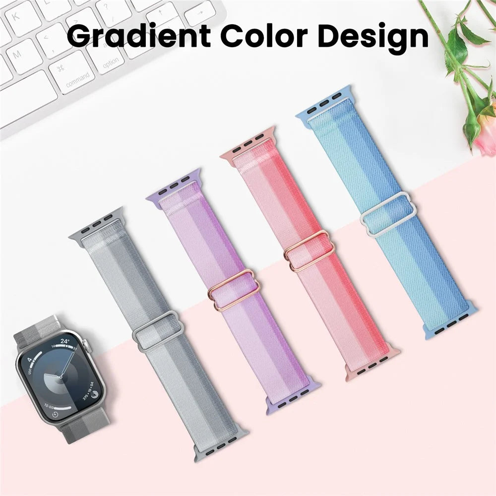 AHASTYLE WE26 2Pcs Sport Bands for Apple Watch Ultra 3 2 1 49mm / Series 11 10 46mm / 9 8 7 45mm / SE3 SE2 SE 6 5 4 44mm / 3 2 1 42mm Gradient Nylon Woven Stretchy Breathable Wristband - Grey + Blue - 6