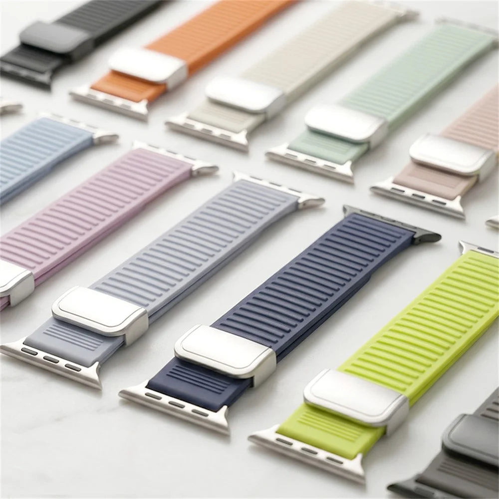 Silicone Loop Strap for Apple Watch Ultra 3 2 1 49mm  /  Series 11 10 46mm  /  9 8 7 45mm  /  SE3 SE2 SE 6 5 4 44mm  /  3 2 1 42mm Mountain Pattern Magnetic Clasp Sports Band - Fluorescent Green - 7