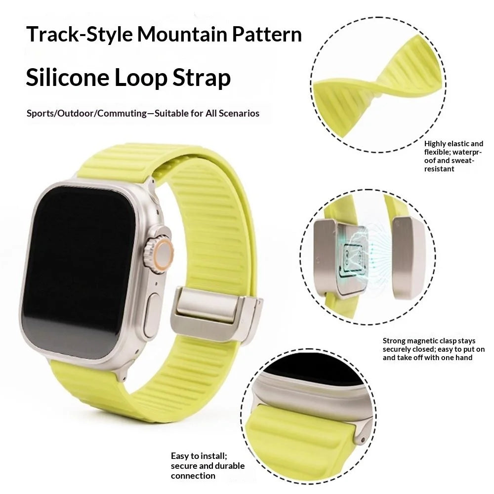 Silicone Loop Strap for Apple Watch Series 11 10 42mm  /  9 8 7 41mm  /  SE3 SE2 SE 6 5 4 40mm  /  3 2 1 38mm Mountain Pattern Magnetic Clasp Sports Band - Fluorescent Green - 2