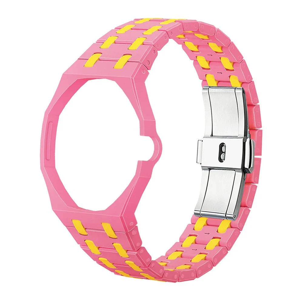 For Swatch Royal Pop Ceramic Strap with Case Dual Color Watch Band Replacement - Pink Yellow / 3 O'Clock Crown - 1