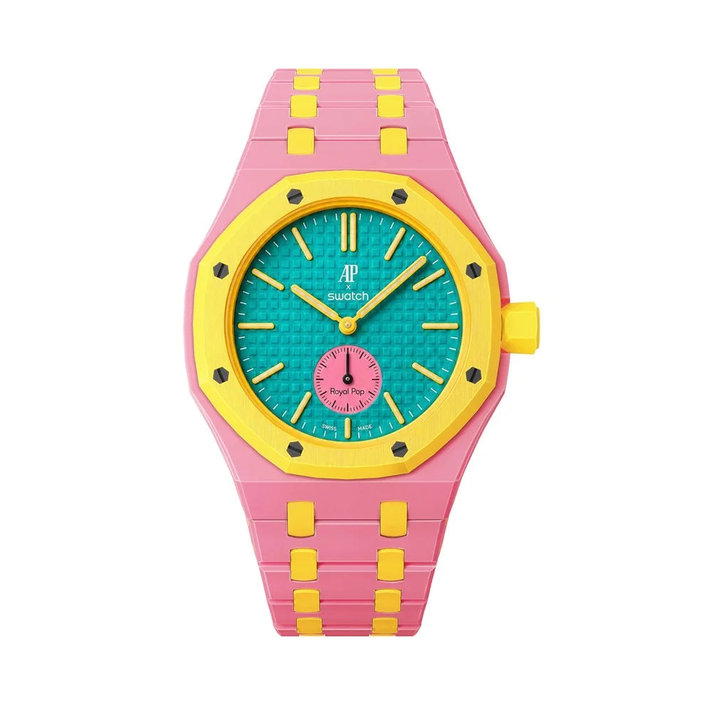 For Swatch Royal Pop Ceramic Strap with Case Dual Color Watch Band Replacement - Pink Yellow / 3 O'Clock Crown - 2