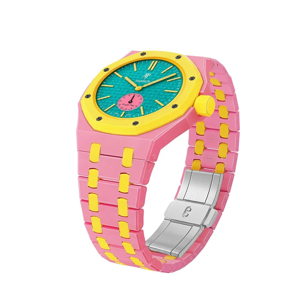 For Swatch Royal Pop Ceramic Strap with Case Dual Color Watch Band Replacement - Pink Yellow / 3 O'Clock Crown - 3