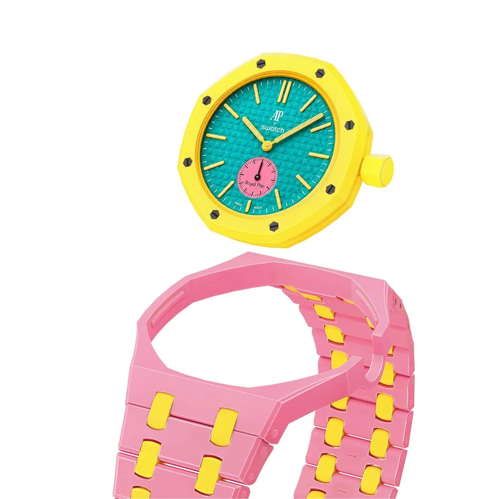 For Swatch Royal Pop Ceramic Strap with Case Dual Color Watch Band Replacement - Pink Yellow / 3 O'Clock Crown - 5