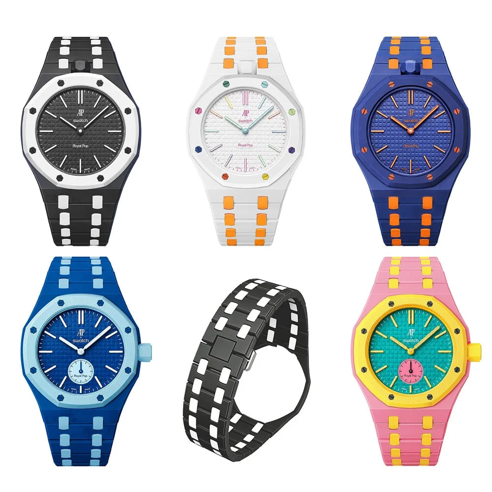 For Swatch Royal Pop Ceramic Strap with Case Dual Color Watch Band Replacement - Pink Yellow / 3 O'Clock Crown - 6