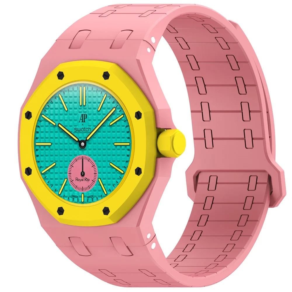 For Swatch Royal Pop Silicone Magnetic Strap with Case Watch Band Replacement - Pink  /  3 O'Clock Crown - 2