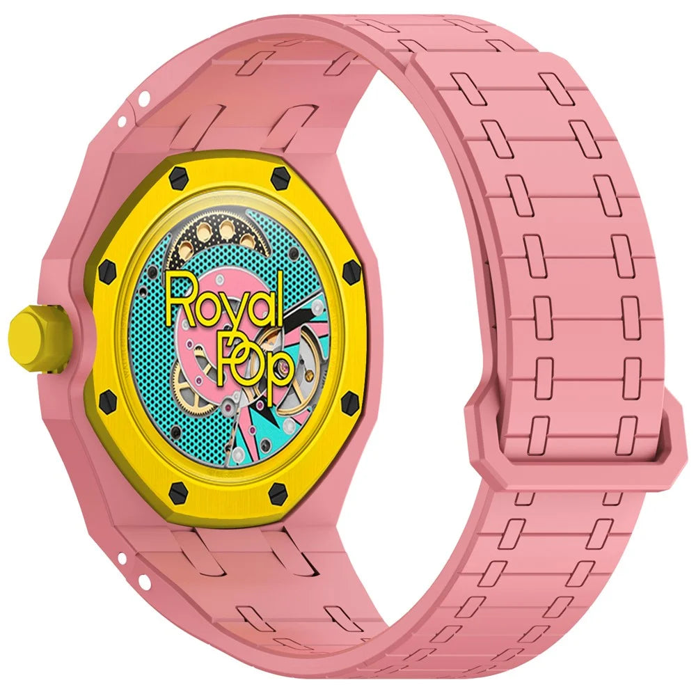 For Swatch Royal Pop Silicone Magnetic Strap with Case Watch Band Replacement - Pink  /  3 O'Clock Crown - 3