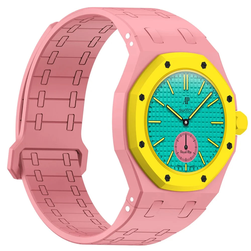 For Swatch Royal Pop Silicone Magnetic Strap with Case Watch Band Replacement - Pink  /  3 O'Clock Crown - 5