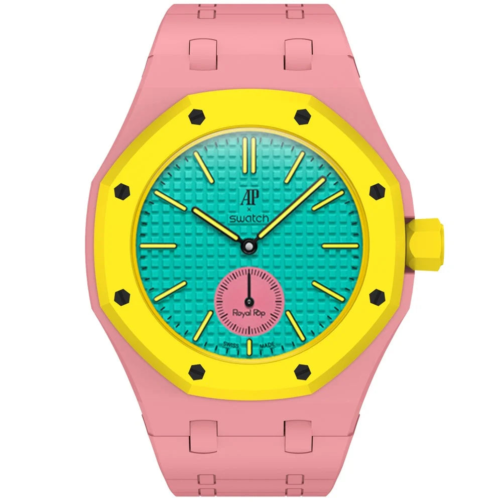 For Swatch Royal Pop Silicone Magnetic Strap with Case Watch Band Replacement - Pink  /  3 O'Clock Crown - 6