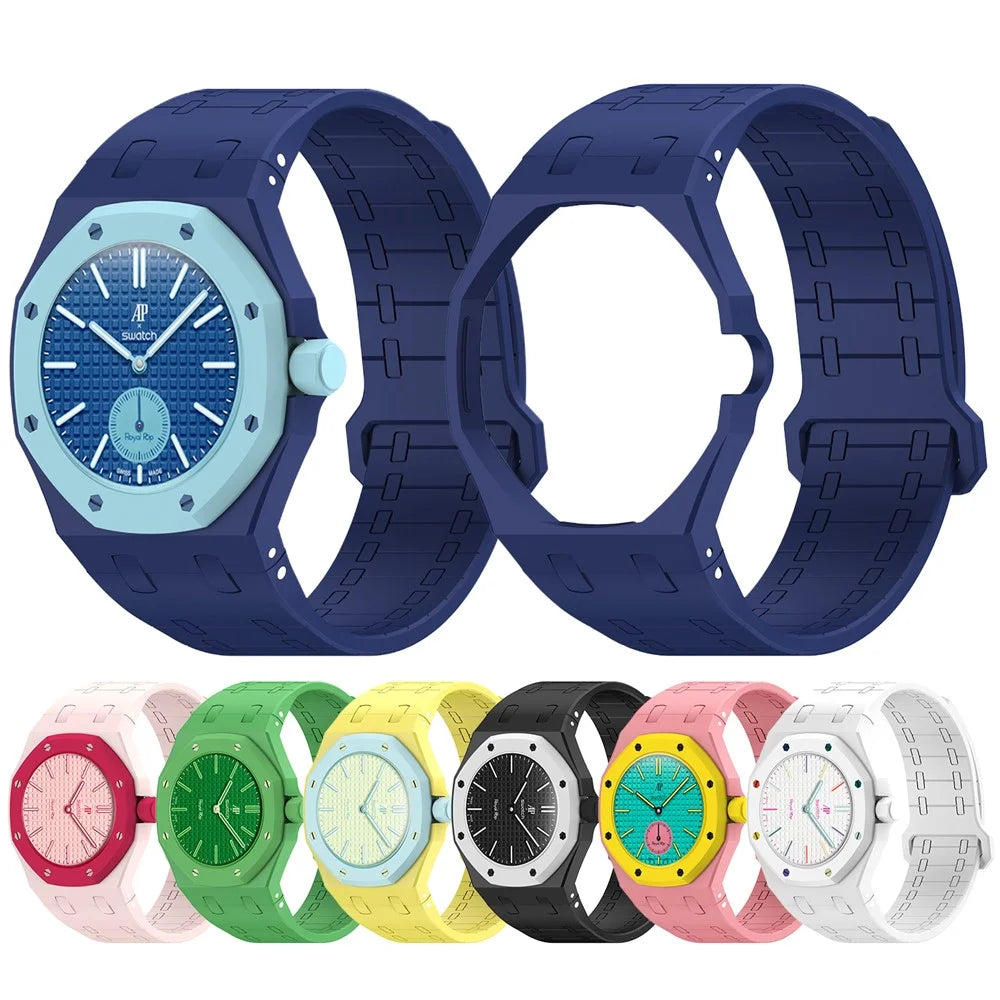 For Swatch Royal Pop Silicone Magnetic Strap with Case Watch Band Replacement - Pink  /  3 O'Clock Crown - 7