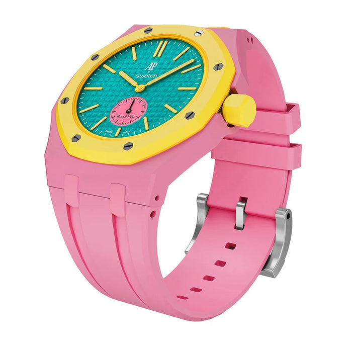 For Swatch Royal Pop Silicone Band with Ceramic Case Watch Strap Replacement - Pink / 3 O'Clock Crown - 2