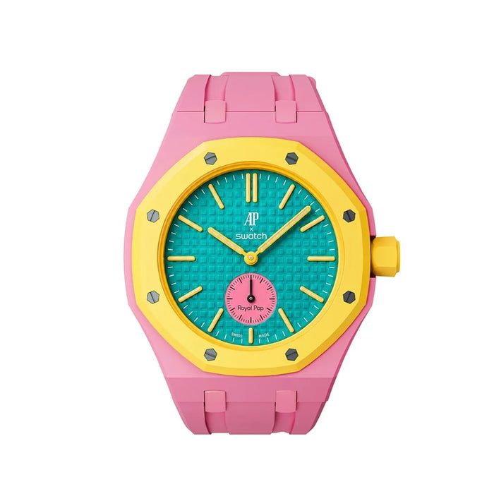For Swatch Royal Pop Silicone Band with Ceramic Case Watch Strap Replacement - Pink / 3 O'Clock Crown - 3