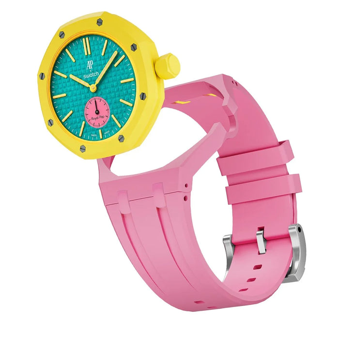 For Swatch Royal Pop Silicone Band with Ceramic Case Watch Strap Replacement - Pink / 3 O'Clock Crown - 4