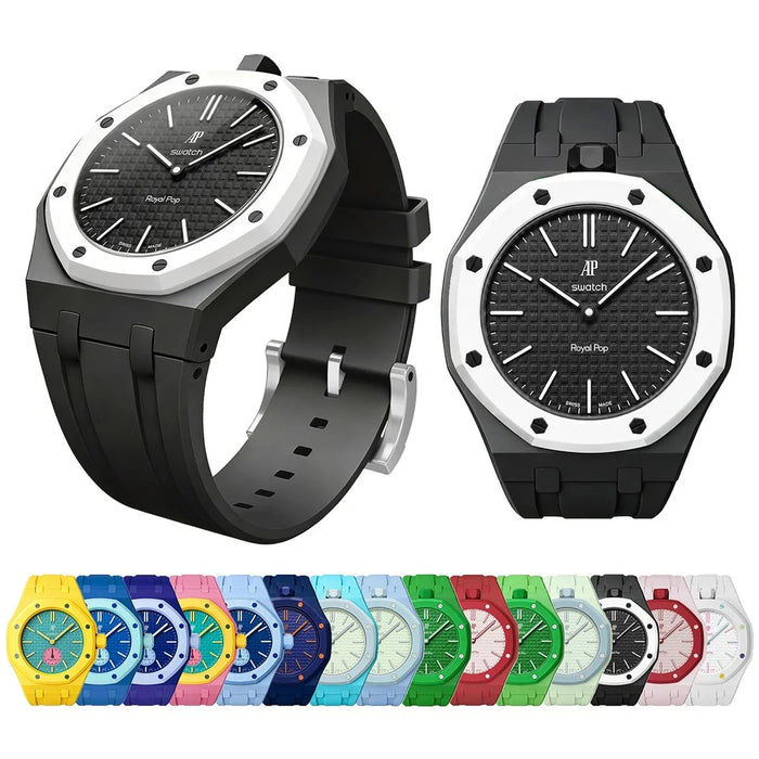 For Swatch Royal Pop Silicone Band with Ceramic Case Watch Strap Replacement - Pink / 3 O'Clock Crown - 5