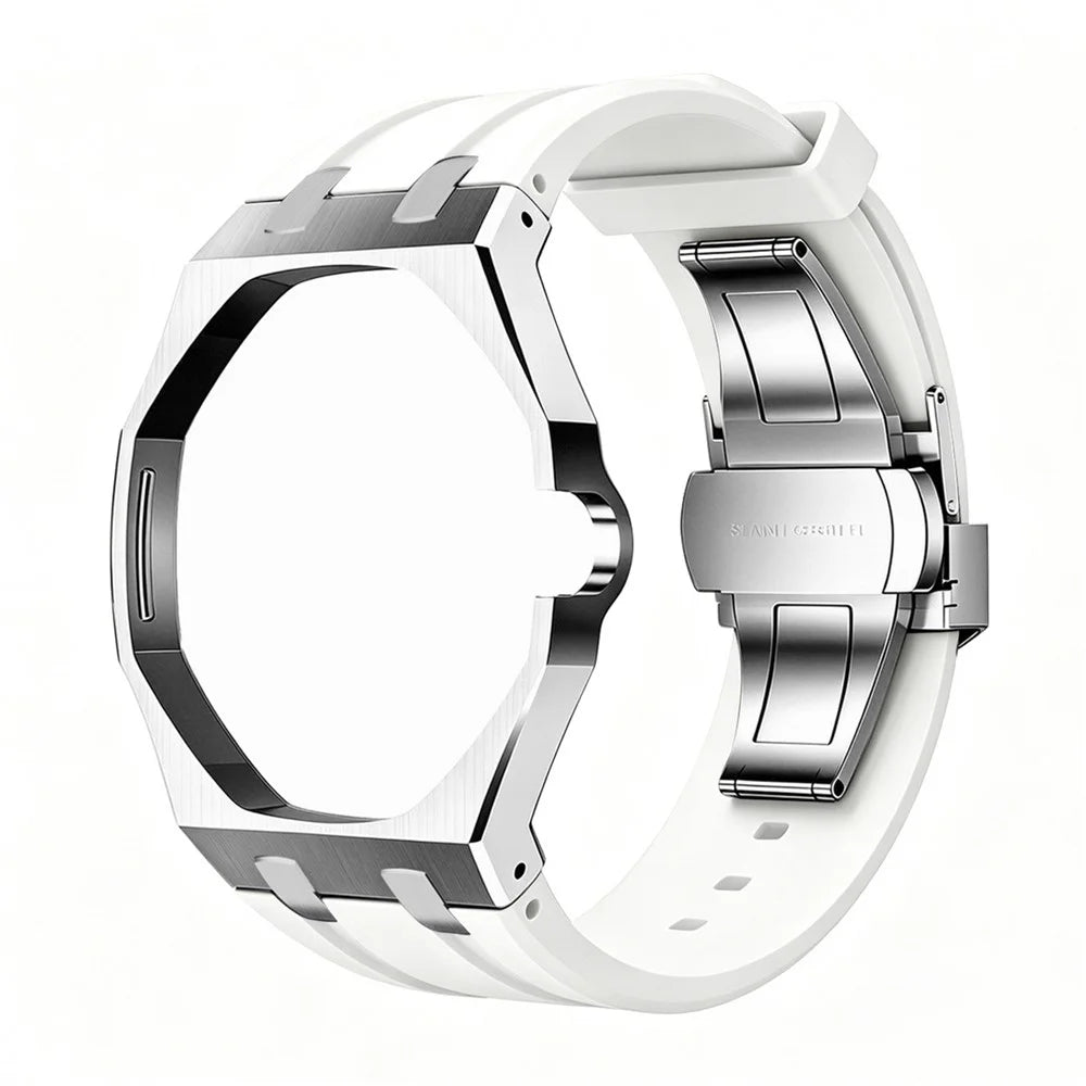 For Swatch Royal Pop Silver Metal Case with Silicone Strap Replacement - Silver Case + White Band / 3 O'Clock Crown - 1
