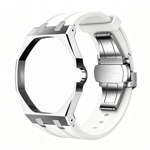 For Swatch Royal Pop Silver Metal Case with Silicone Strap Replacement - Silver Case + White Band / 3 O'Clock Crown - 1