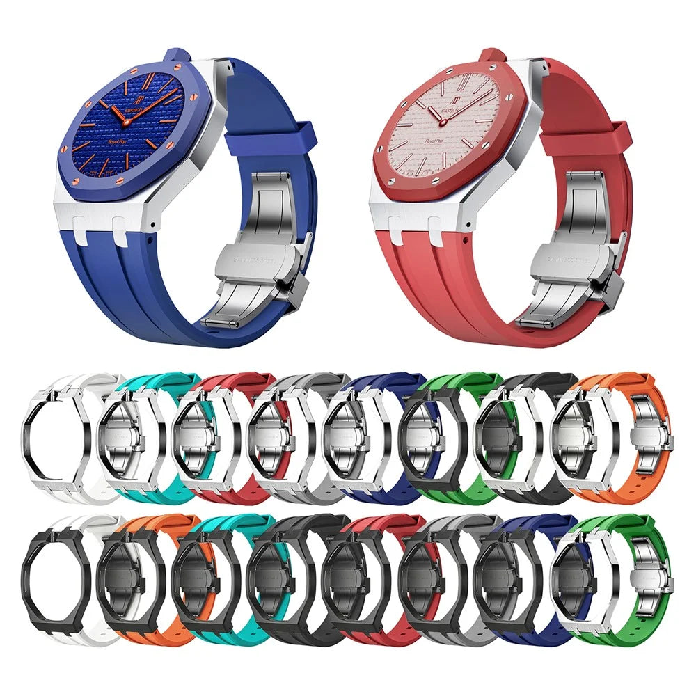 For Swatch Royal Pop Silver Metal Case with Silicone Strap Replacement - Silver Case + White Band / 3 O'Clock Crown - 2