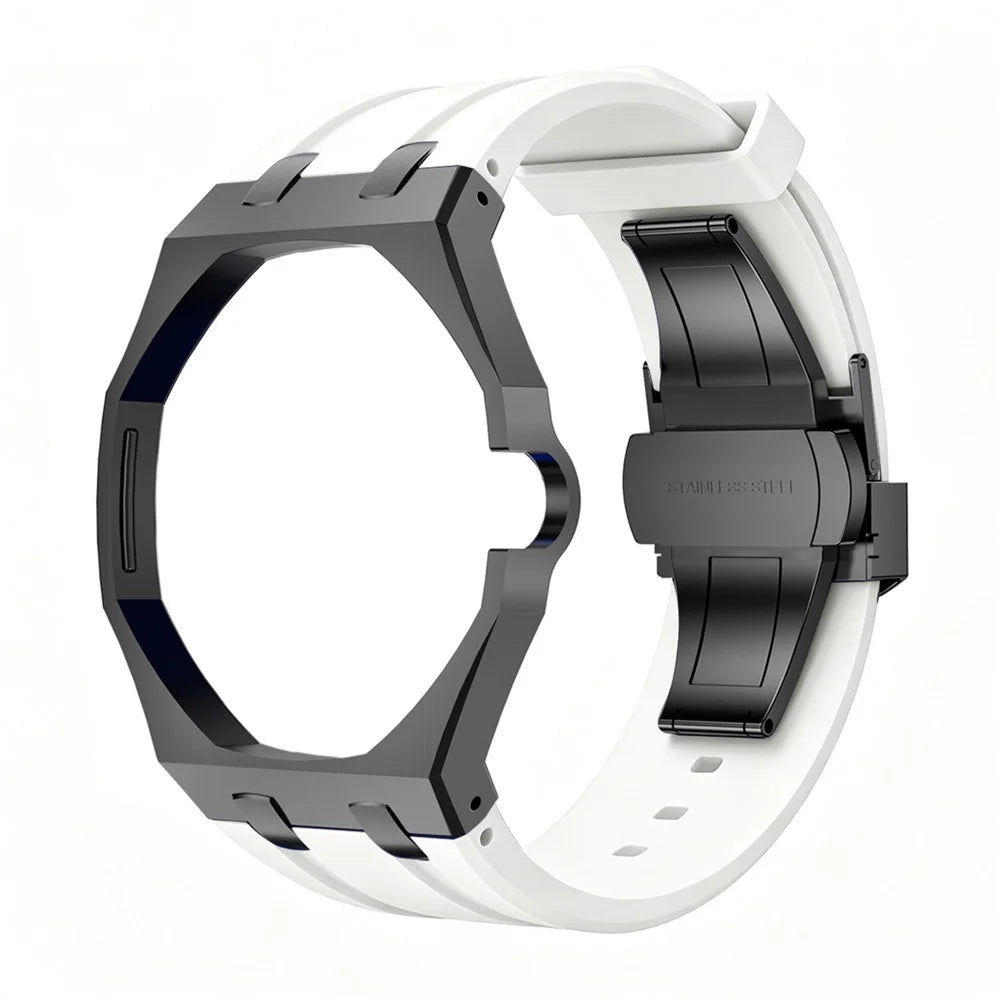 For Swatch Royal Pop Black Metal Case with Silicone Strap Replacement - Black Case + White Band / 3 O'Clock Crown - 1