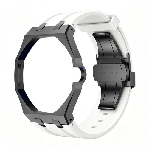 For Swatch Royal Pop Black Metal Case with Silicone Strap Replacement - Black Case + White Band / 3 O'Clock Crown - 1